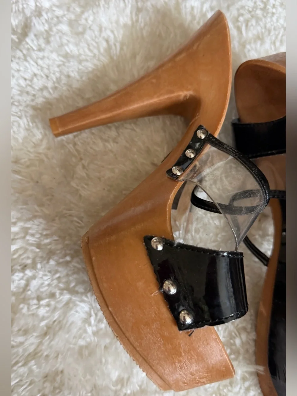 Charles David Brown Platform Heels with Black Patent & Clear Panels